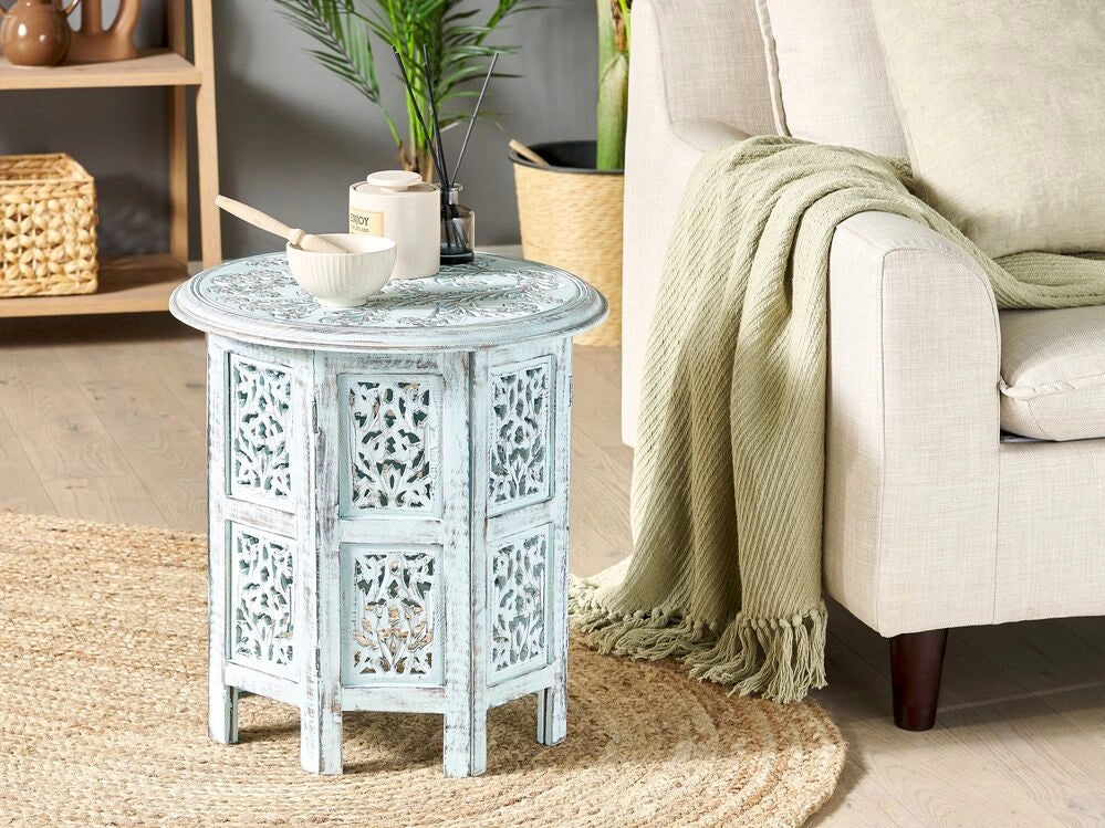 Tavolino in legno di mango blu con piano rotondo e affilato 45 x 45 cm Design rustico vintage