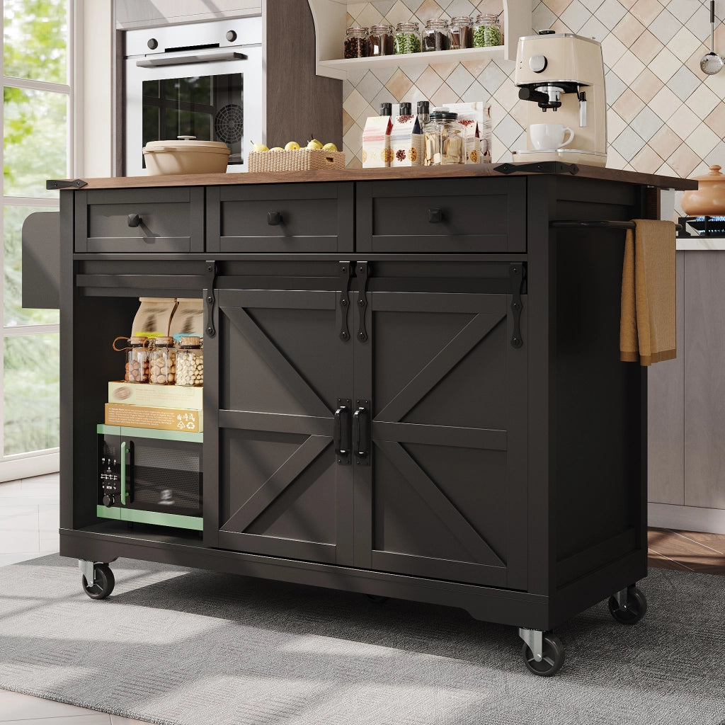 ISOLA DA CUCINA 140x73x94 cm In MDF Nero con 3 cassetti e ante scorrevoli