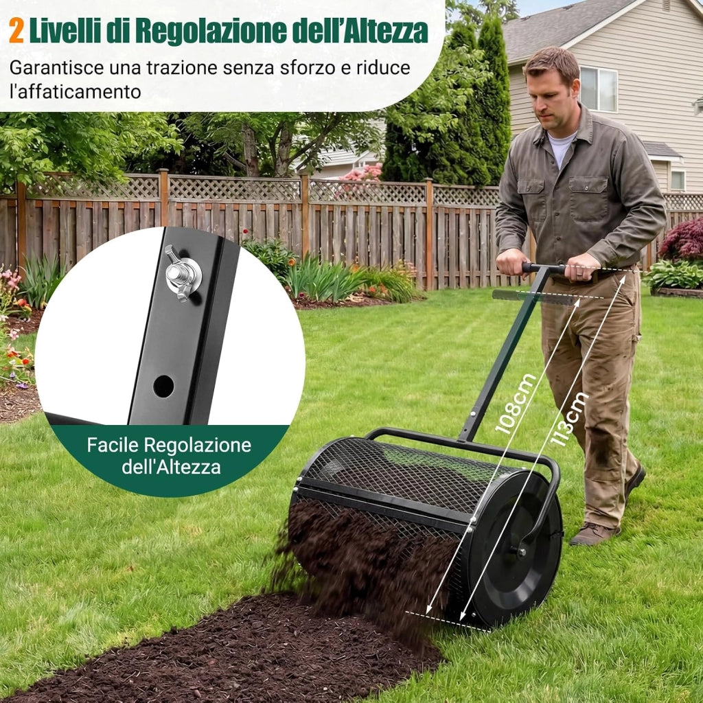 Spandiconcime a Rullo, Rullo da Giardino con Impugnatura Pratica Chiusure Laterali e Rete in Metallo per Concimazione e Semina, Spandiconcime per Prato e Giardino (40 x 61 cm Nero)
