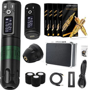 Kit di Tattoo Professionale - Senza Fili - Macchina da Tattoo - Set Completo Incl. 80 Aghi - Penna da Tattoo - Cartucce - Kit da Tattoo - Set da Tattoo - Nero con Verde