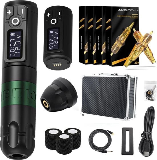Kit di Tattoo Professionale - Senza Fili - Macchina da Tattoo - Set Completo Incl. 80 Aghi - Penna da Tattoo - Cartucce - Kit da Tattoo - Set da Tattoo - Nero con Verde