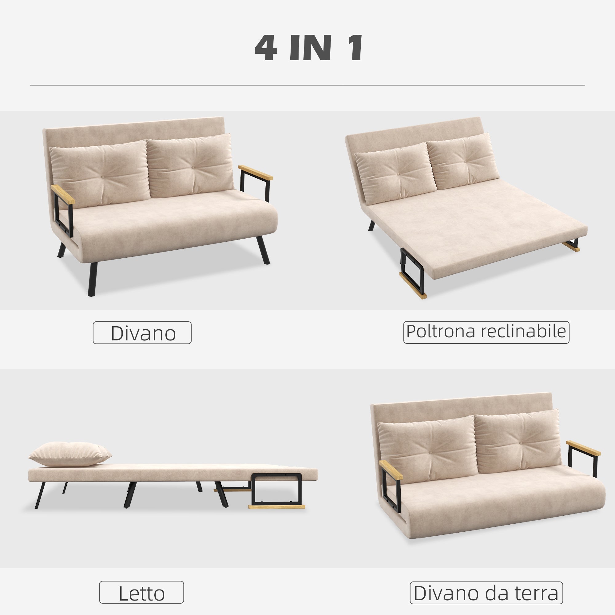 Divano Letto 3 in 1 con Schienale Regolabile e 2 Cuscini 102x73x81 cm in Tessuto Effetto Velluto Beige