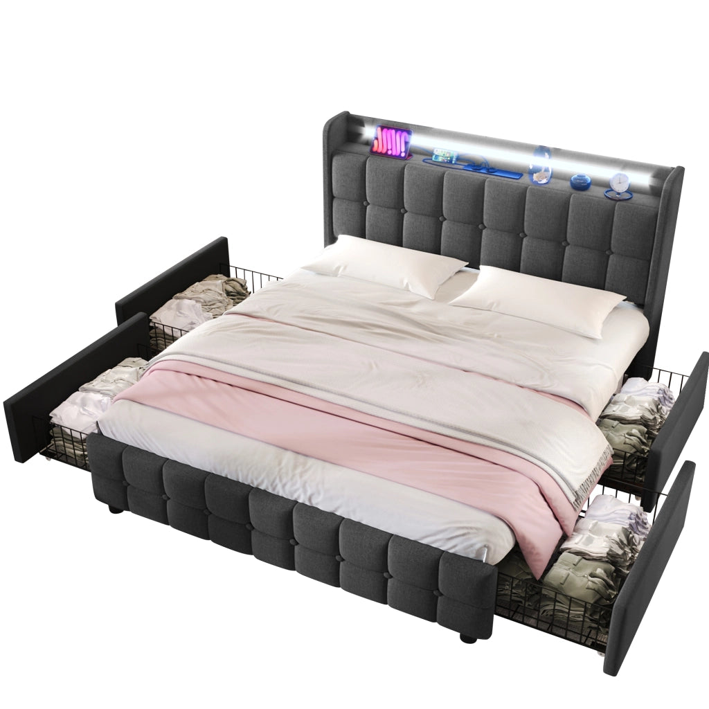 Letto con Cassetti Letto Matrimoniale; USB; Prese; LED e 4 Cassetti 140×200 cm; senza Materasso; Grigio