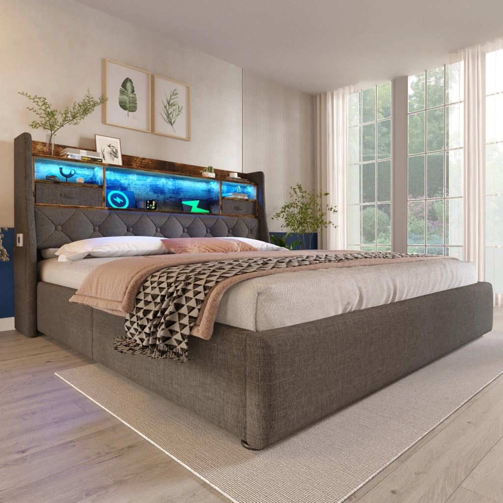 Letti contenitori 140x200 cm; contenitore idraulico con testiera LED; lino grigio (Senza materasso)
