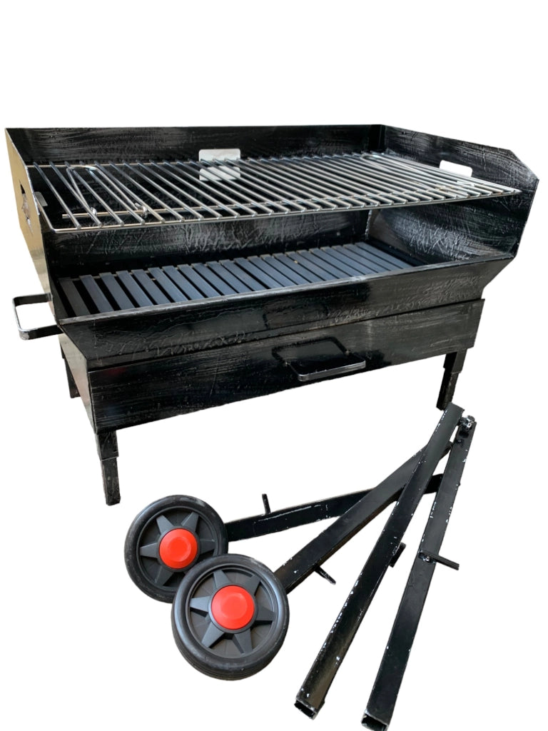 Barbecue a Legna e Carbonella in Ferro, con Ruote, Regolabile su 2 Altezze, Griglia in Acciaio, Ripiano poggia utensili 50x38cm