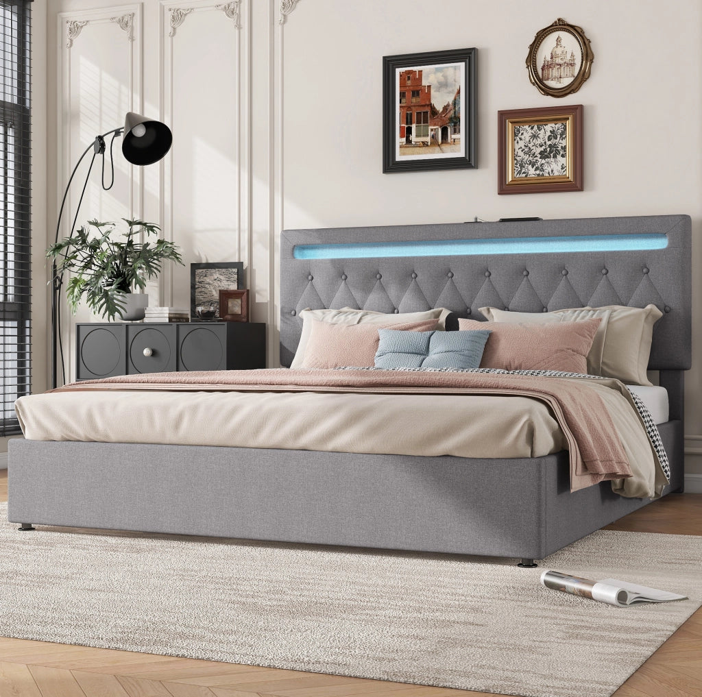 Letto matrimoniale imbottito 180x200 cm con LED, USB e vano contenitore