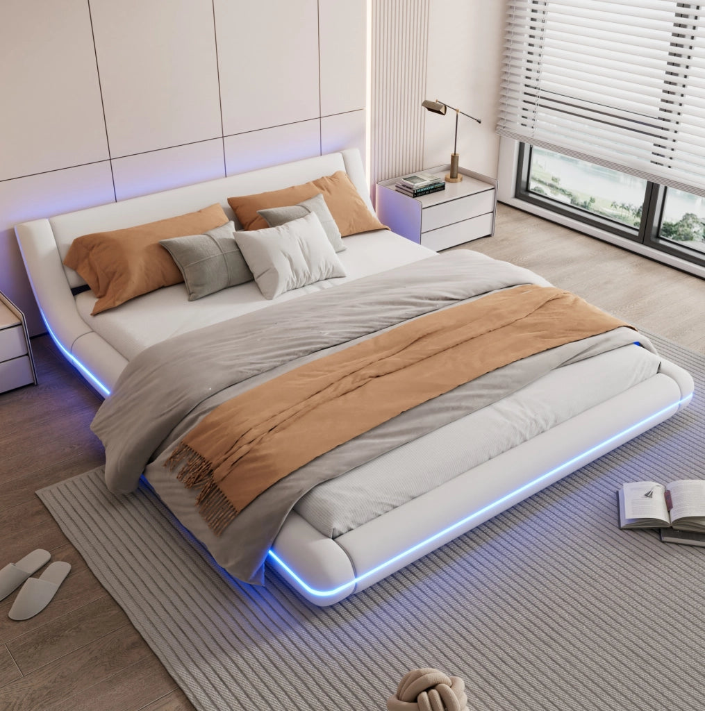Letto basso 160x200 cm in PU bianco con LED regolabili