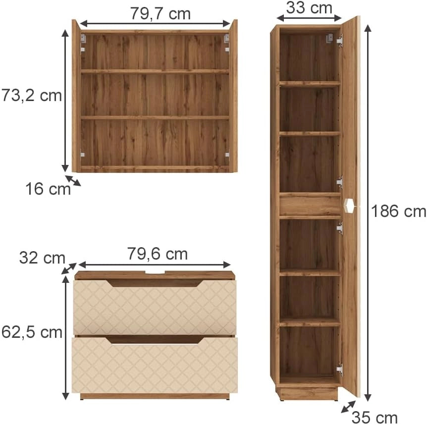 Set di mobili da bagno Lotta, Cachemire, 79.6 cm, composto da mobile sottolavabo, specchiera e colonna alta
