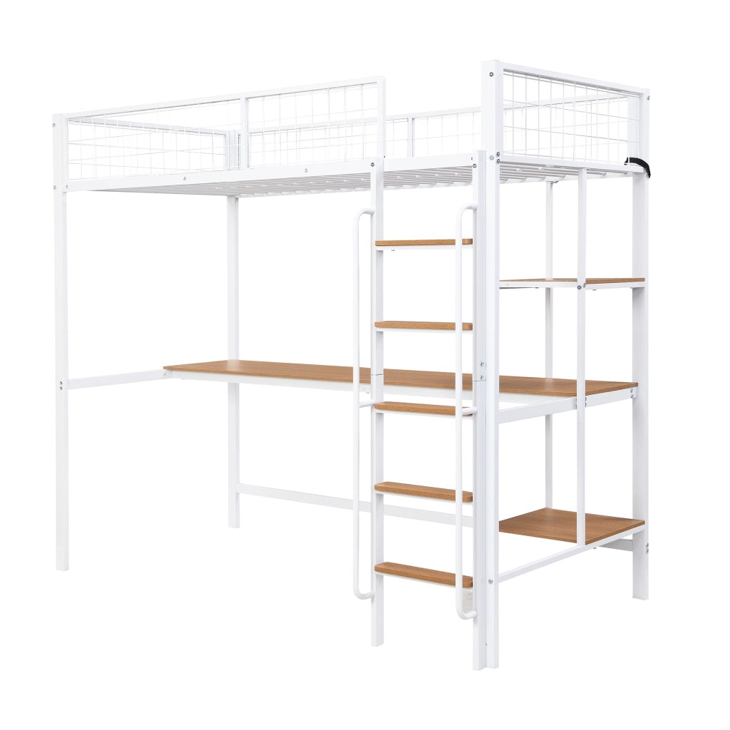 Letto a Soppalco 90x200 cm - Scrivania; Mensole e Scala a 5 Gradini - Bianco Naturale