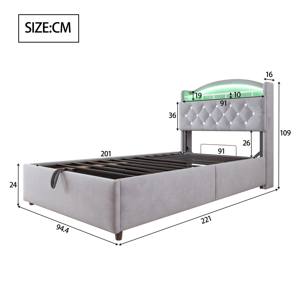 OKWISH Letto con Contenitore 90×200 cm, Letto Singolo con LED Regolabile, USB, Type C e Vano Contenitore, senza Materasso, Grigio