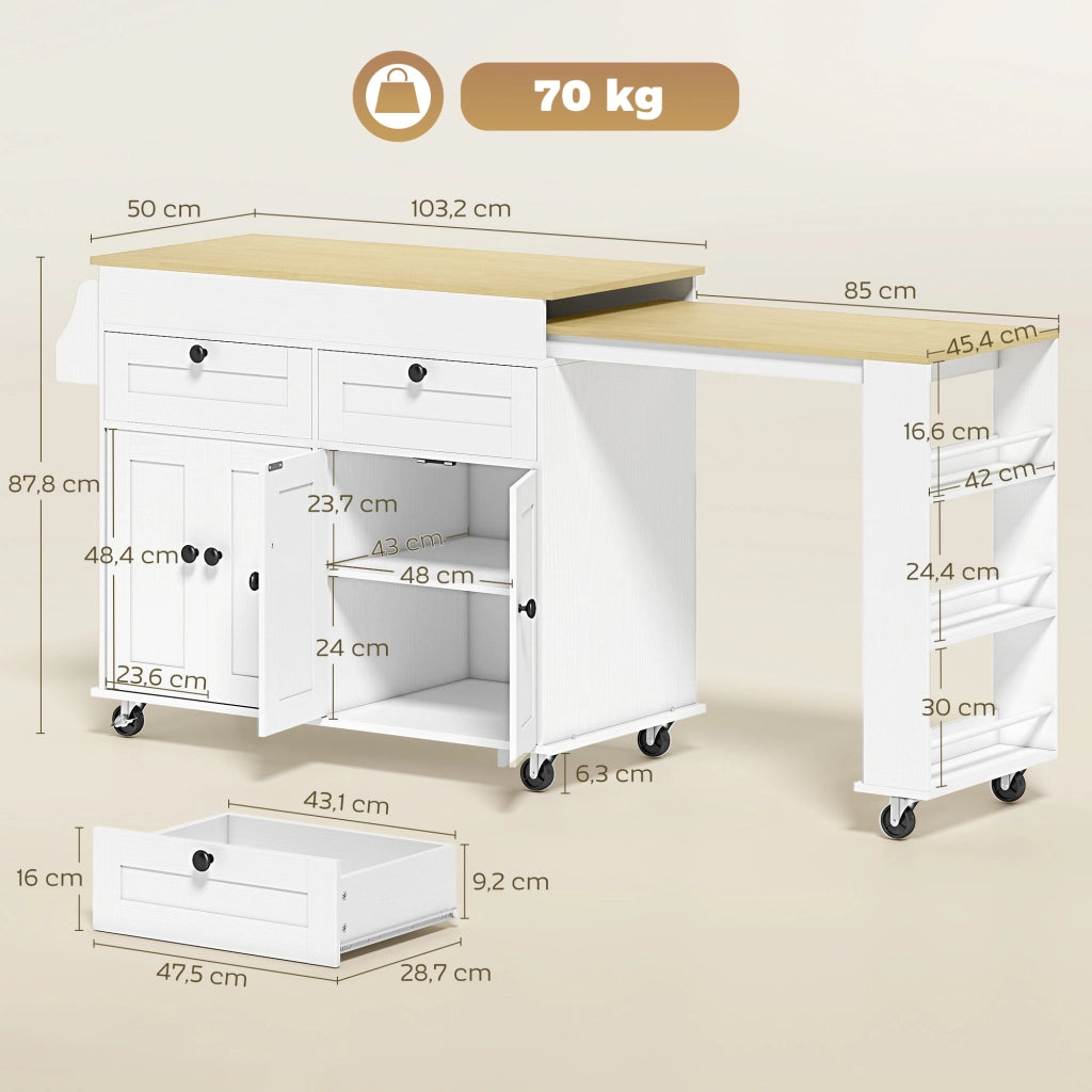Tavolo da cucina allungabile con cassetti e ruote ¨C Zephmum ¨C Bianco