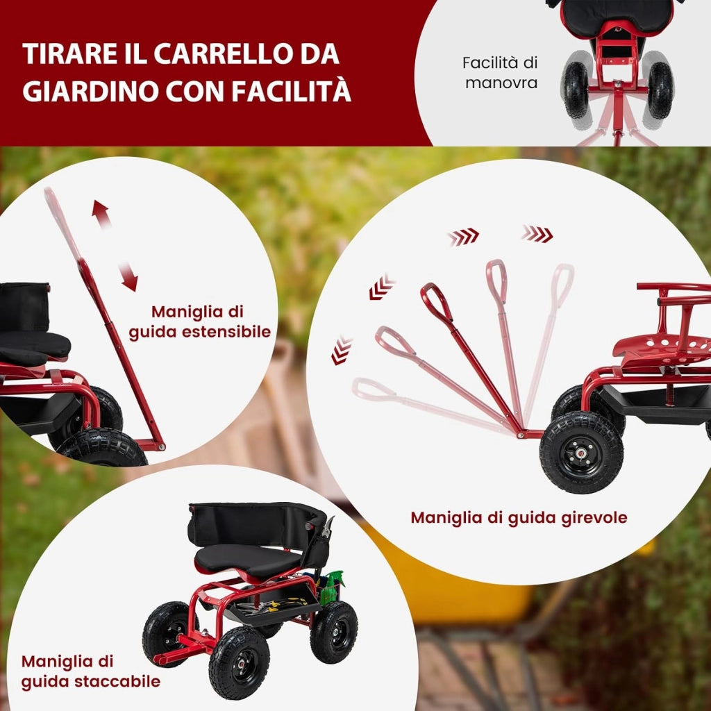 Sgabello da Giardino con Ruote, Sgabello da Giardinaggio con Sedile Regolabile e Girevole, Manico Telescopico, Vassoio, Cestello e Borsa per Attrezzi, Portata 150 kg, 90 x 61 x 60-69 cm