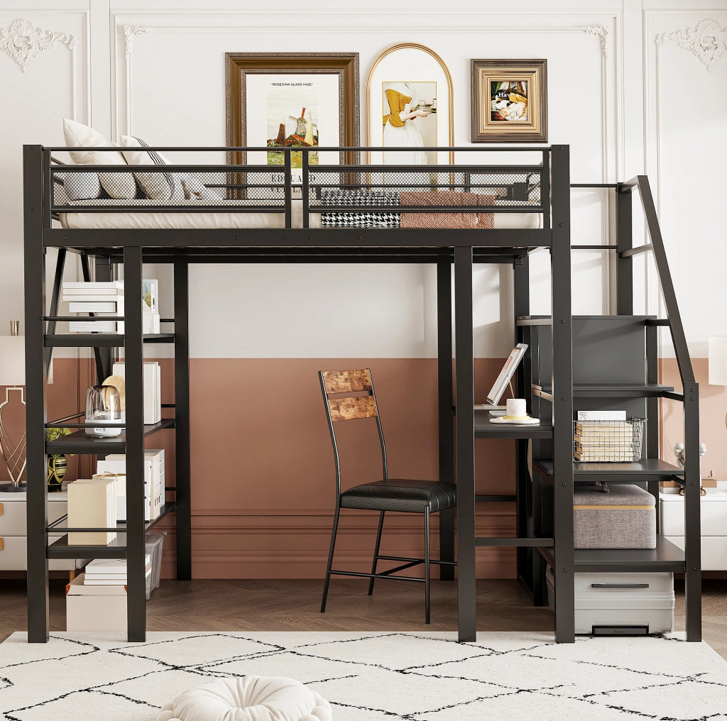 Letto alto modulare 140 x 200 cm con scrivania; armadio e scala contenitore; metallo nero