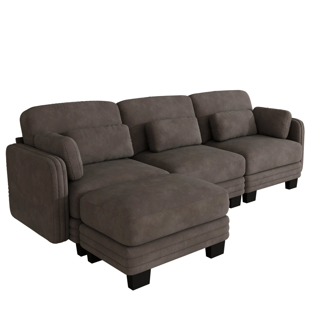 Divano modulare in ciniglia marrone con pouf separato e cuscini mobili