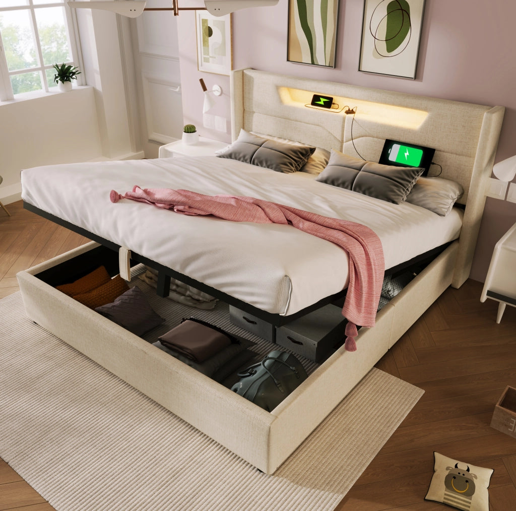 Letto imbottito 160x200 cm con contenitore; LED e USB Type C in lino beige