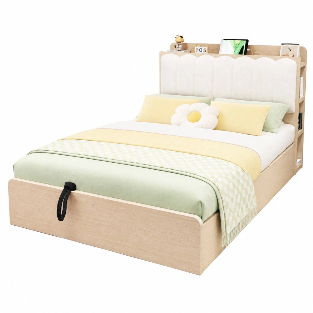 Letto matrimoniale 140x200 cm in legno con contenitore idraulico; testiera imbottita beige e USB; colore legno naturale