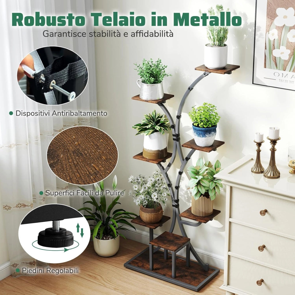 Scaffale per Piante da Interno ed Esterno, Porta Piante con Luci di Crescita, 8 Ripiani in Metallo ad Angolo, Porta Vasi per Balcone, Giardino e Soggiorno, 67 x 30 x 146 cm (1)