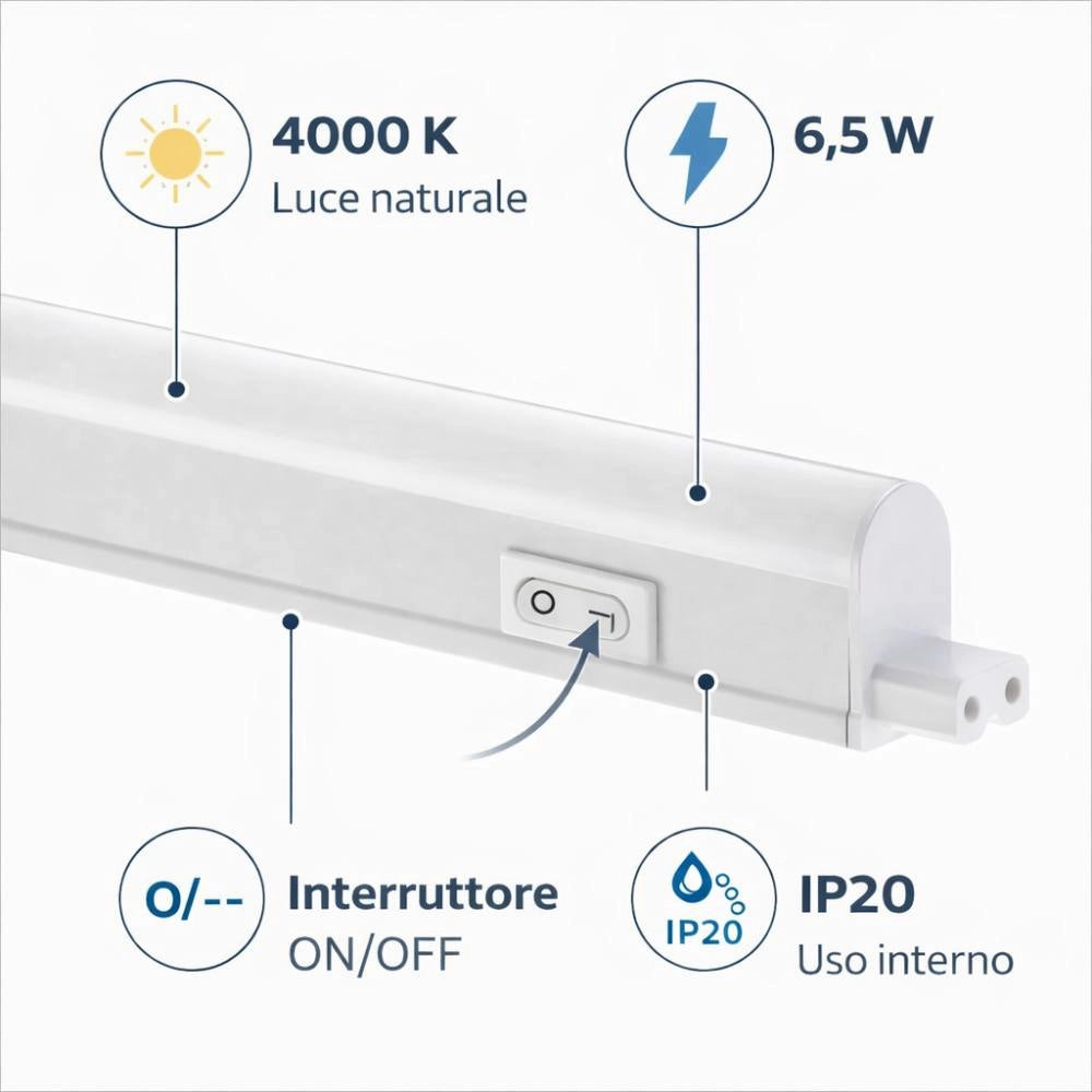 Plafoniera led t5 con interruttore integrato per interni *** temperatura colore lampada 4000k bianco naturale, potenz...
