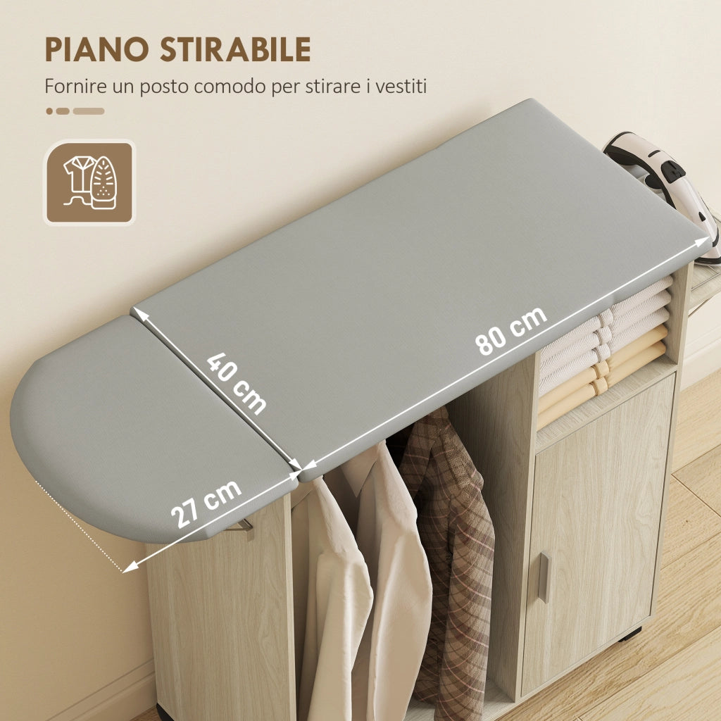Mobile Asse da Stiro in Effetto Lino Armadietto e Barra per Vestiti 127x42,5x99 cm Grigio e Color Legno