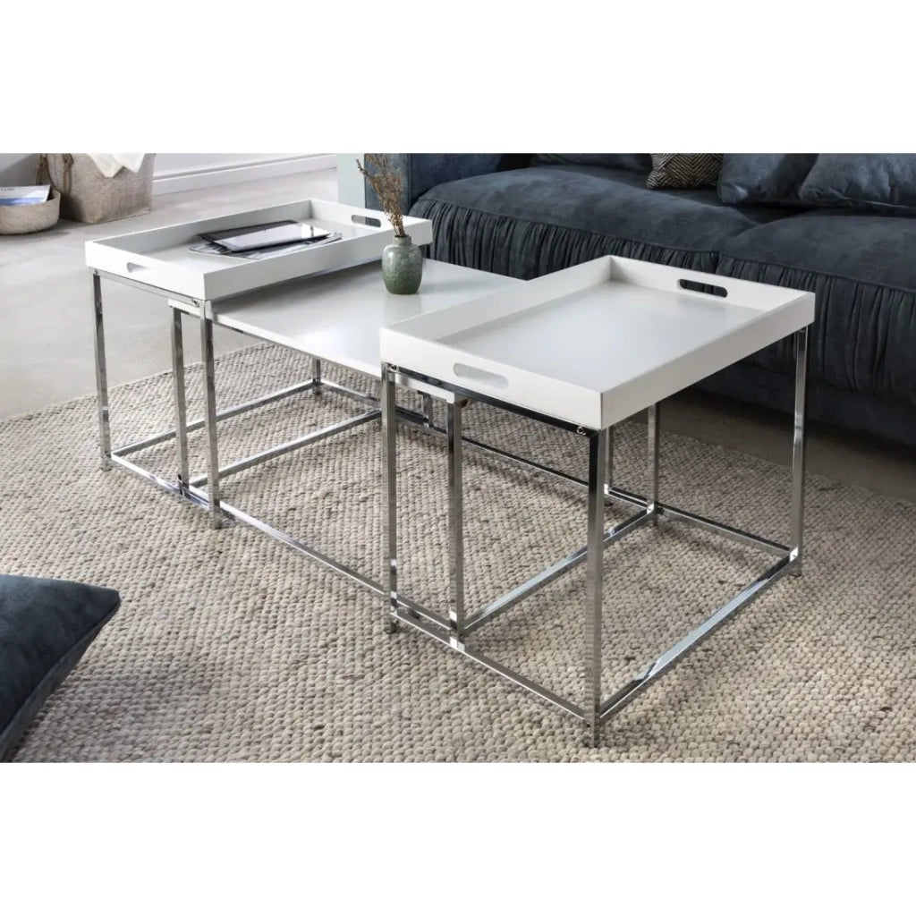 Tavolini bassi nidificati VORTEX bianco opaco e metallo argentato - set di 3 design moderno