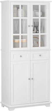 Credenza Alta per Cucina Mobile Buffet in Legno con 6 scomparti e 2 cassetti Armadio Dispensa in Stile moderno Bianco 75x40x175cm FSB76-W