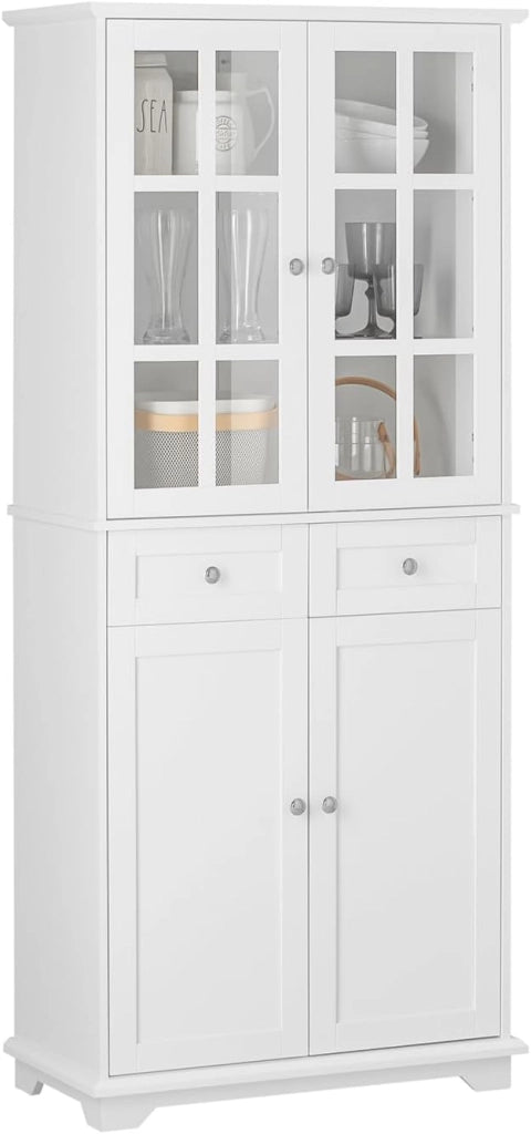 Credenza Alta per Cucina Mobile Buffet in Legno con 6 scomparti e 2 cassetti Armadio Dispensa in Stile moderno Bianco 75x40x175cm FSB76-W