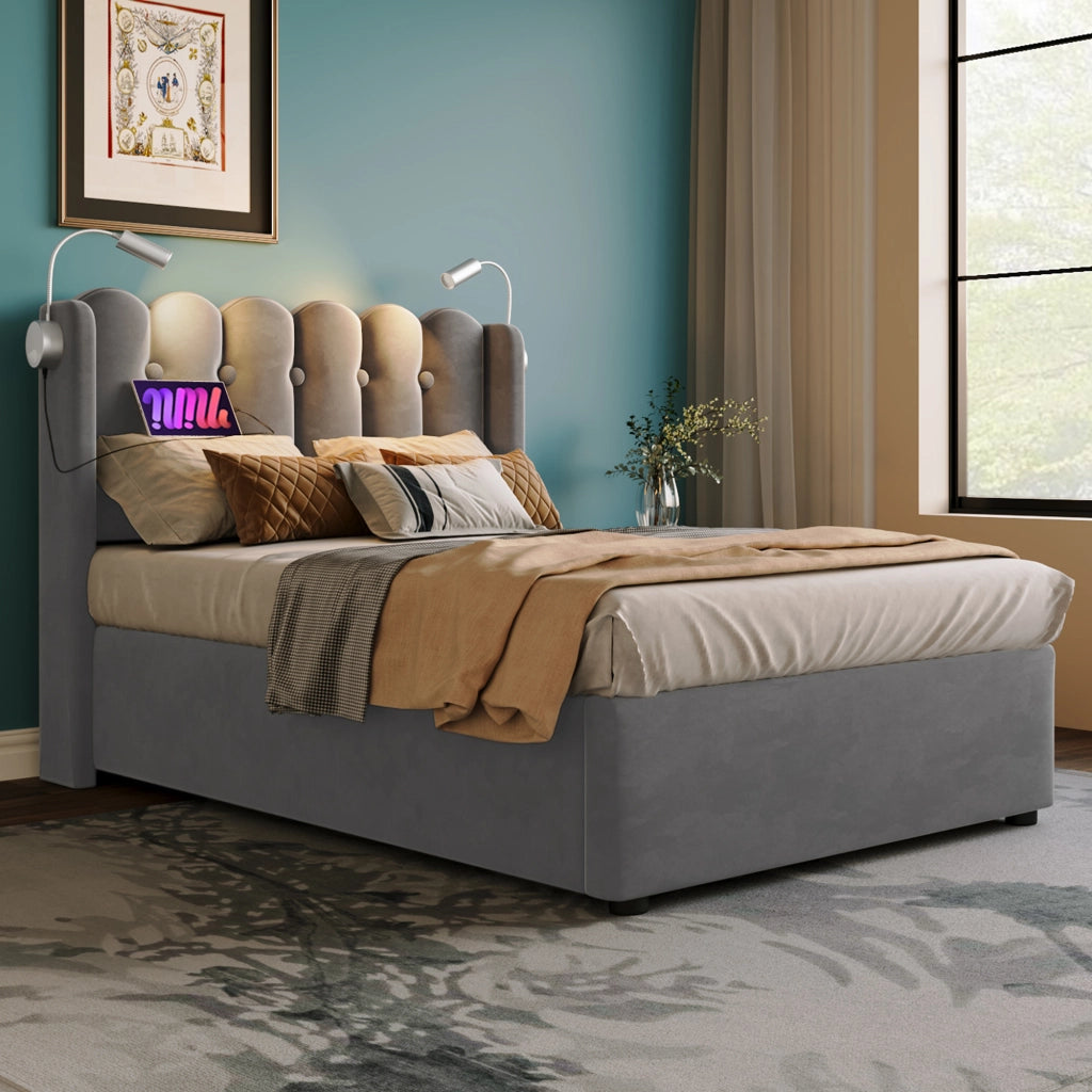 OKWISH Letto Contenitore 90×200 cm, Letto Singolo con USB, Luce da Lettura e Testiera, senza Materasso, in Velluto, Grigio