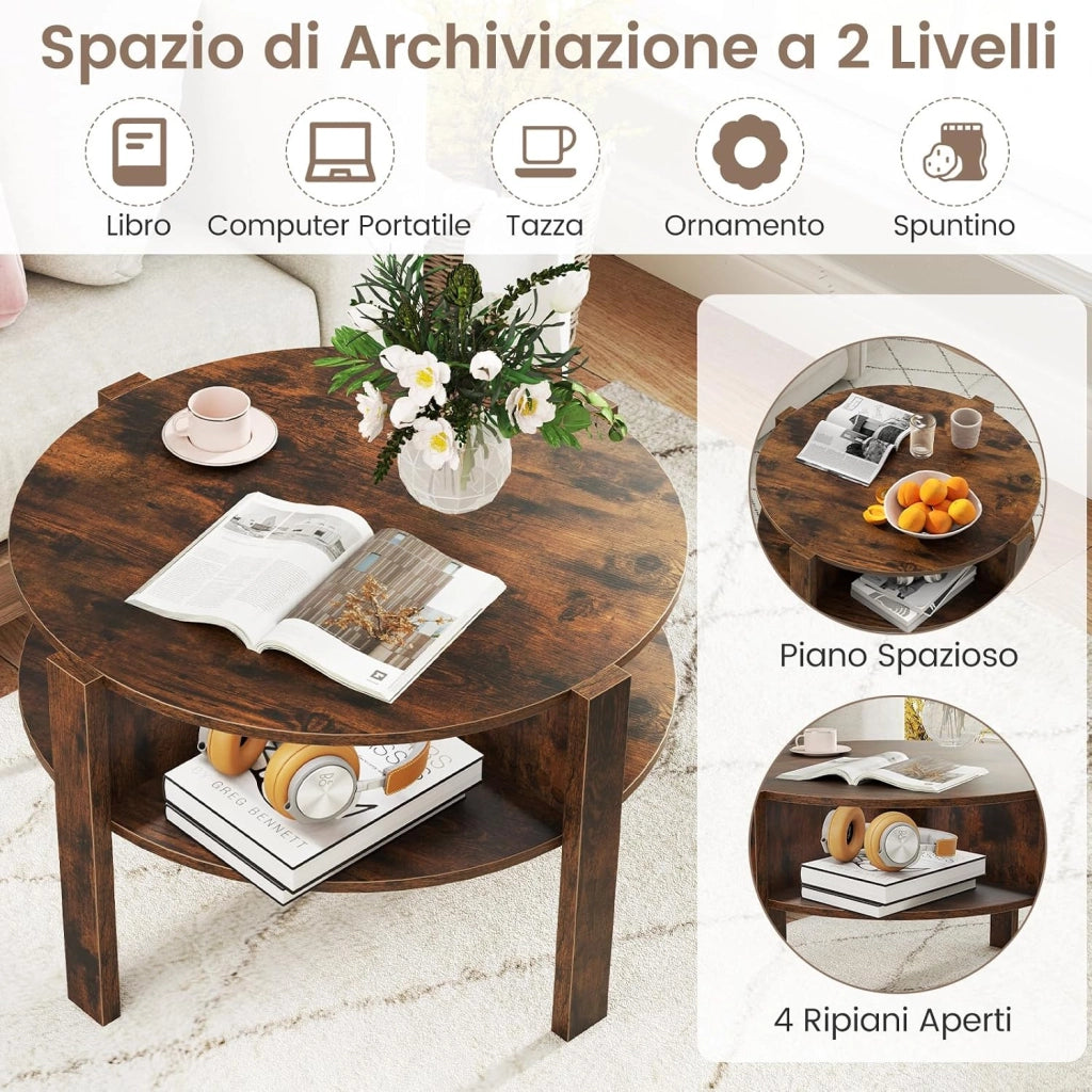 Tavolino da Caffè Rotondo con Ripiano Diviso a 4, Tavolino Basso in Legno Moderno, Tavolo per Salotto, Soggiorno e Cameretta, 74,5 x 74,5 x 45,5 cm (Marrone)
