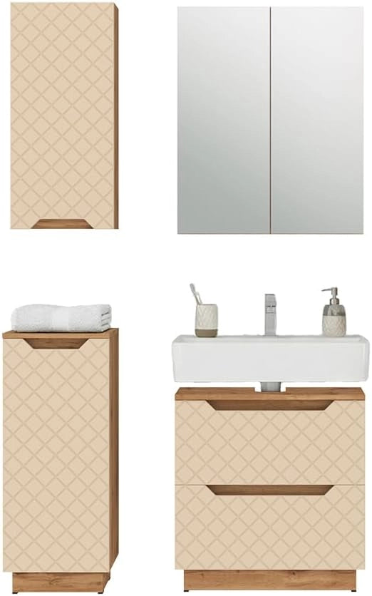 Set di mobili da bagno Lotta, Rovere/cashmere con struttura in piastrelle, 4 parti
