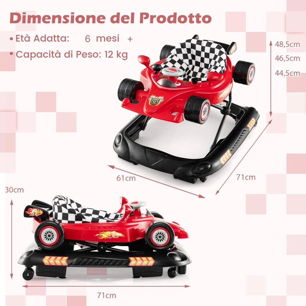 4 in 1 Girello per Bambini, Primi Bassi per Neonati con Altezza Regolabile, Girello Pieghevole con Vassoio Rimovibile, Musica e Luci, per Bambini 6+ Mesi (Rosso)
