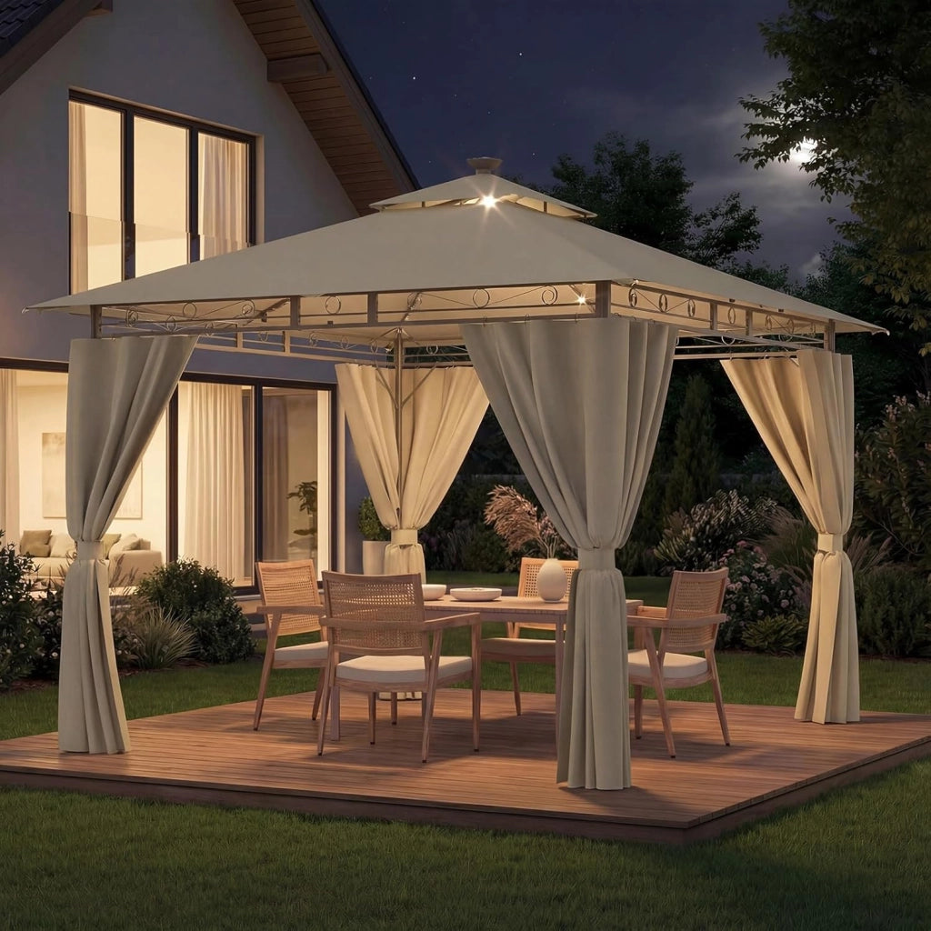 Gazebo Esterno Resistente 3x4m con Luce LED, Gazebo da Giardino Impermeabile Robusto per 6-8 Persone, Doppio Tetto Protezione UV50+, Tenda da Giardino per Famiglie Festival Eventi, Beige