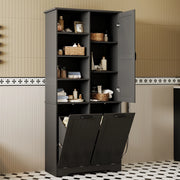 Armadietto da bagno con 1 anta 2 cesti portabiancheria e ripiani regolabili in MDF nero 78 × 35 × 172,7 cm
