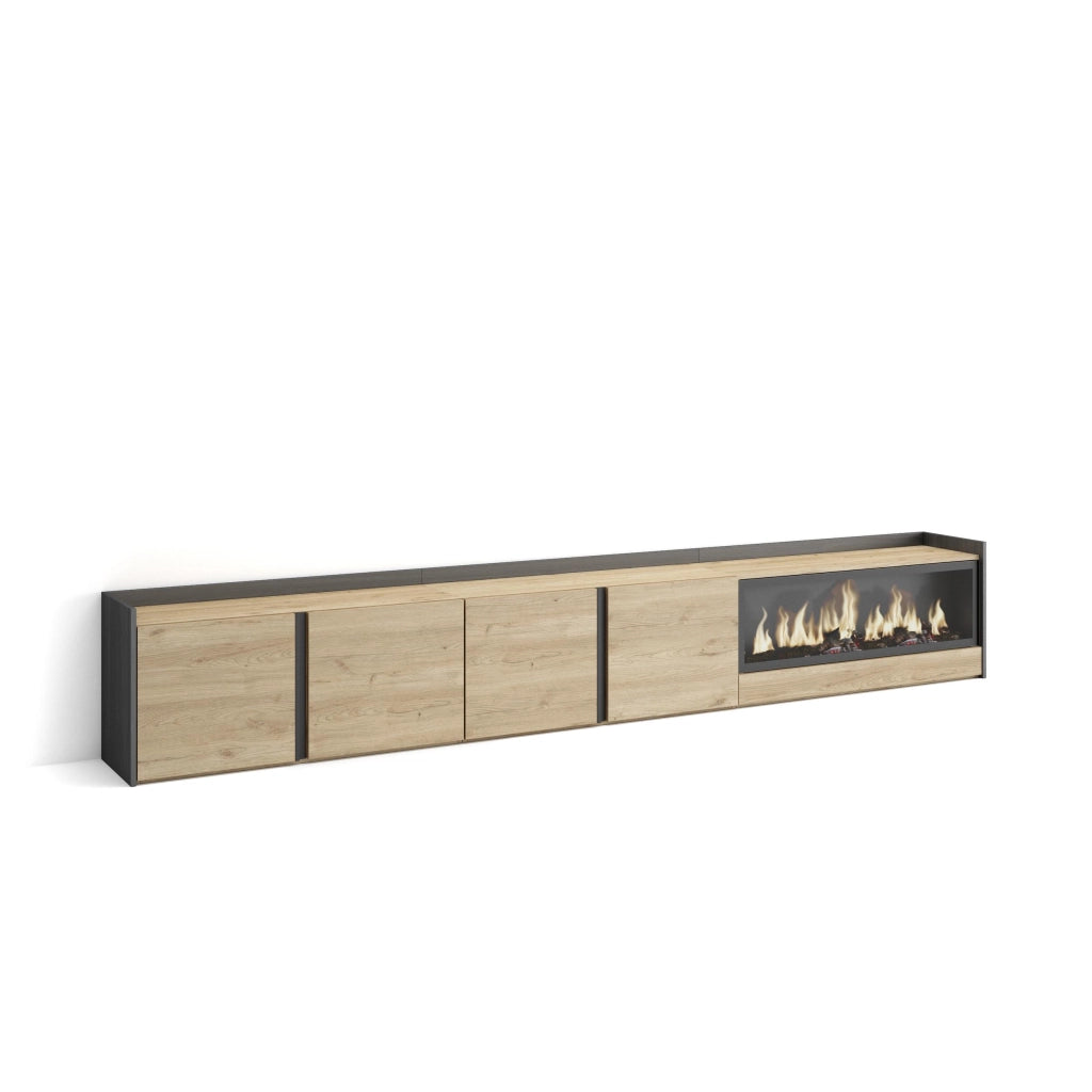 Mobile TV Soggiorno, 315x50x35 cm, Per TV fino a 80", Camino elettrico XXL, Rovere e nero