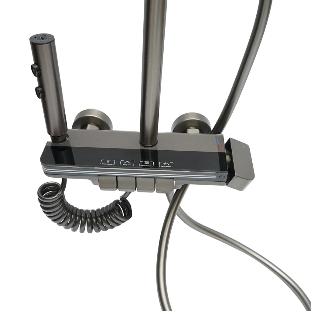Set doccia multifunzionale con termostato, display digitale della temperatura dell’acqua, 4 funzioni di erogazione dell’acqua, bocca per vasca, soffione rettangolare, doccetta a mano, doccia bidet, colore grigio