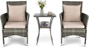 Set Mobili Salotto da Giardino Esterno in Rattan, 1 Tavolino con Piano in Vetro Temperato Portato fino a 45 kg, 2 Poltrone con Cuscino fino a 180 kg