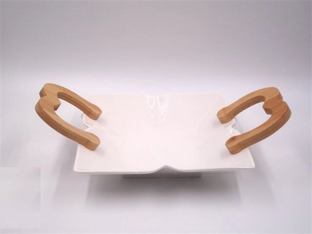 Vassoio in Porcellana Bianca con manici in legno 22 cm
