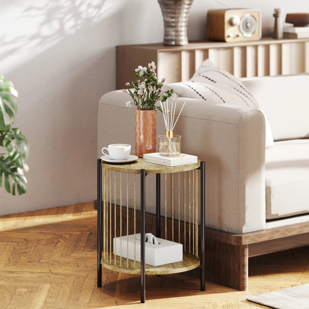 Tavolino da salotto rotondo a due livelli con ripiano e struttura in acciaio ¨C zephmum ¨C 43,5x43,5x51 cm naturale