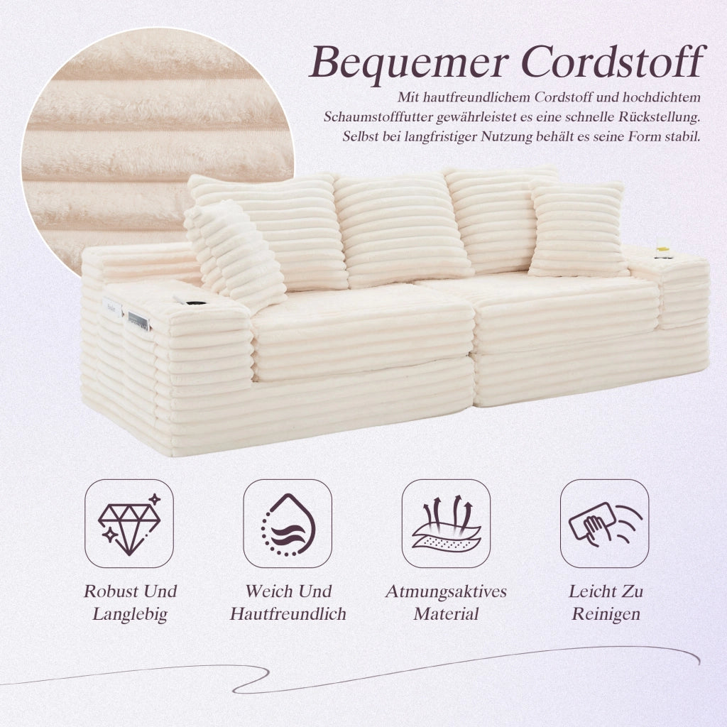 Divano letto con schienale alto tasche laterali e portabicchieri cuscini trasformabile in velluto a coste beige