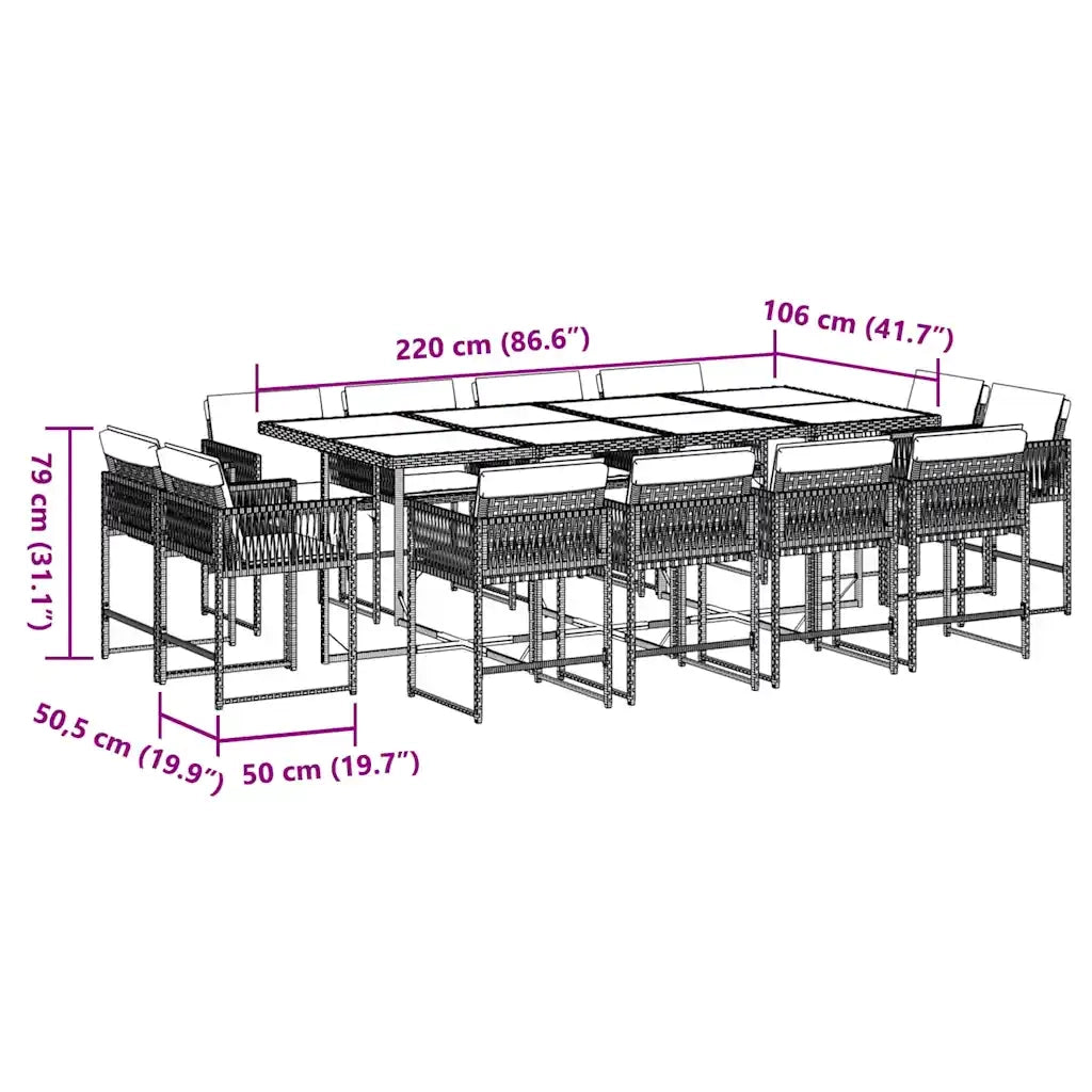 Set da Pranzo da Giardino 13pz con Cuscini Nero in Polyrattan