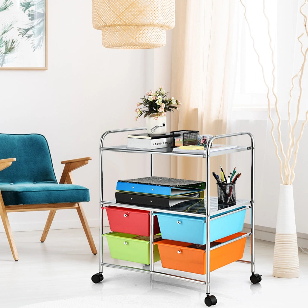 Carrello multiuso con ruote, Carrello con 4 cassettiere e 2 piani per cucina bagno 63,5x37x75cm Colorato 2-Carrelli