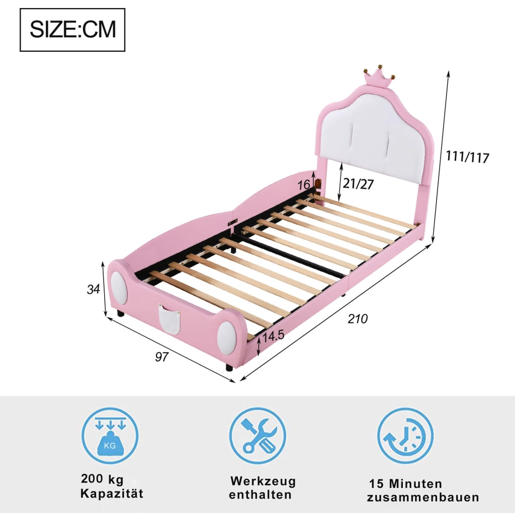 Letto singolo imbottito ULEVR 90x200 cm con testiera a corona, similpelle rosa e bianca
