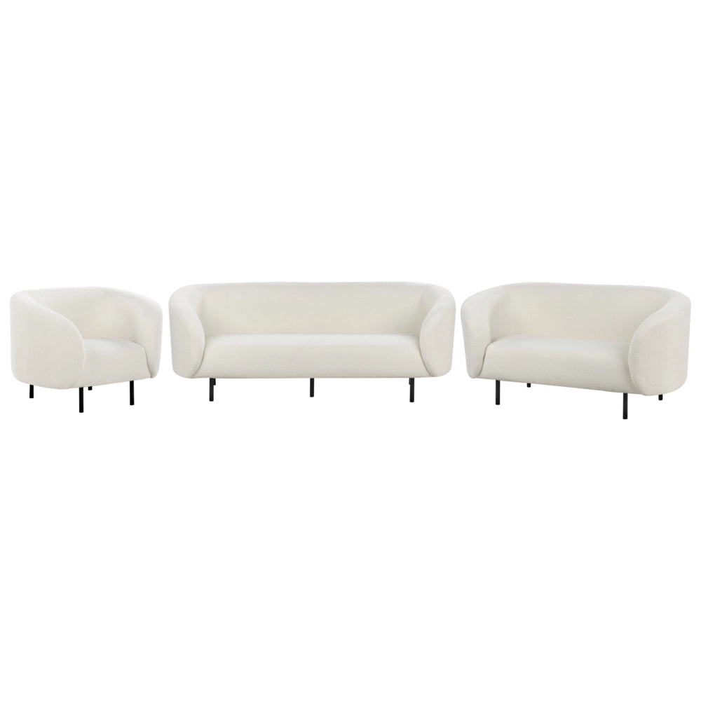 Set di 2 divani e poltrona in tessuto bouclè bianco e nero con gambe nere stile glamour retrò soggiorno