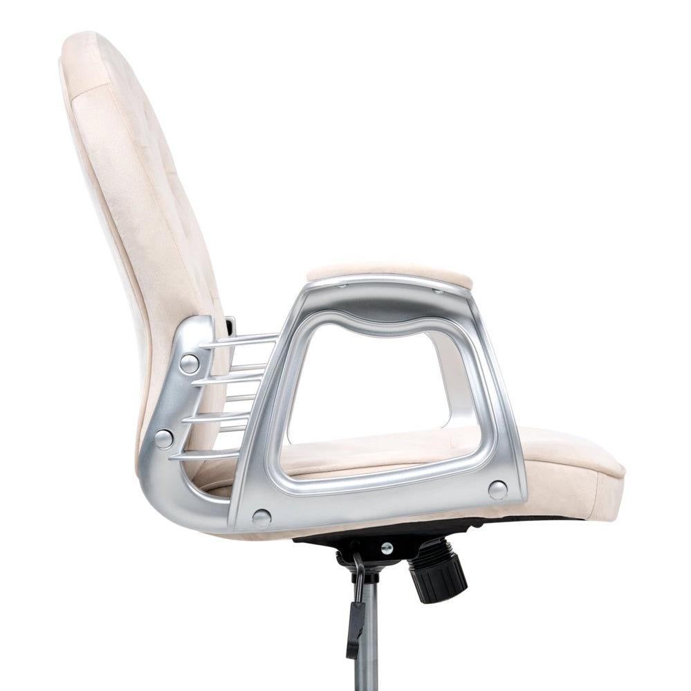 Sedia da ufficio in velluto beige con altezza regolabile e schienale trapuntato stile retrò moderno