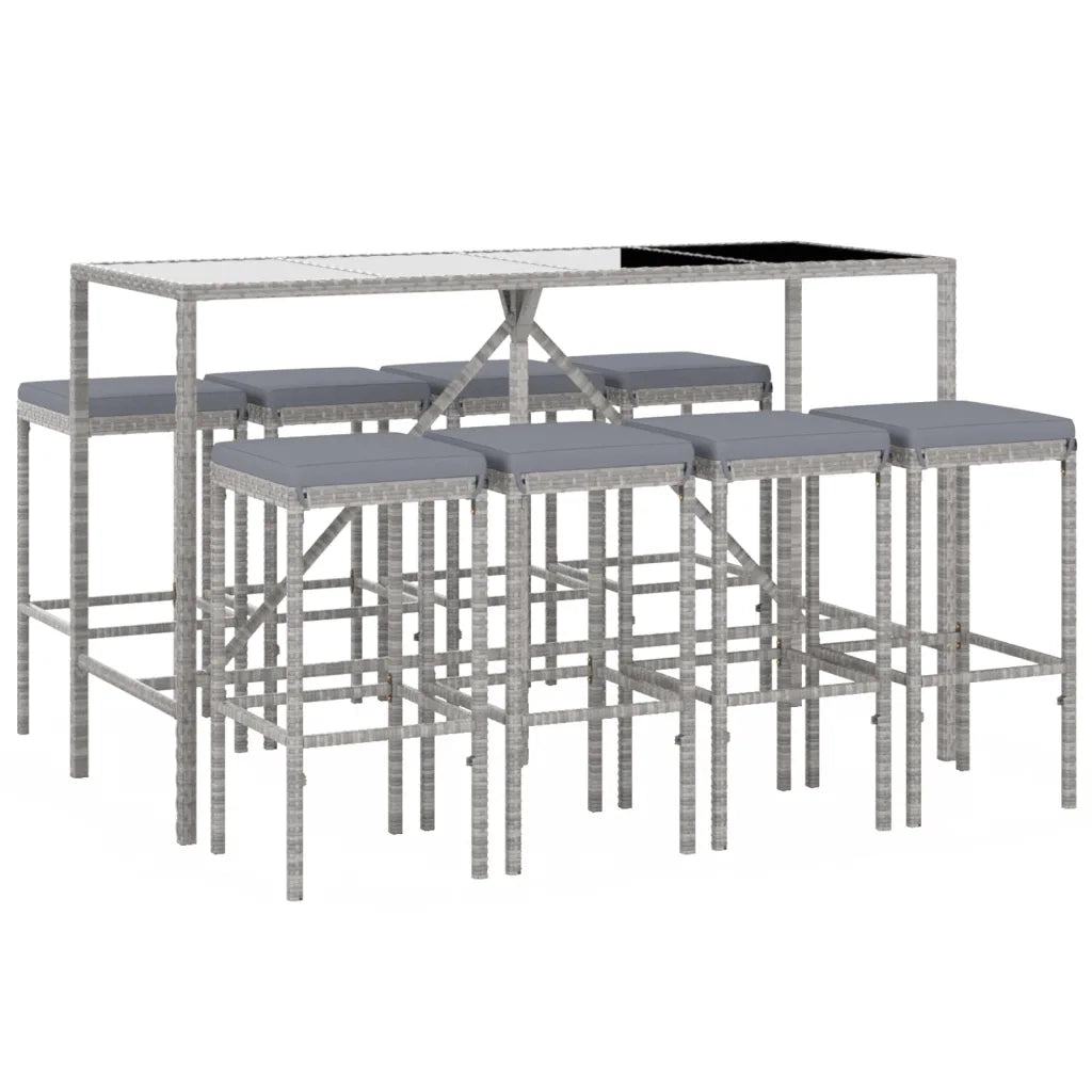 Set Bar da Giardino 9 pz | Set Salotto da Giardino con Cuscini in Polyrattan Grigio