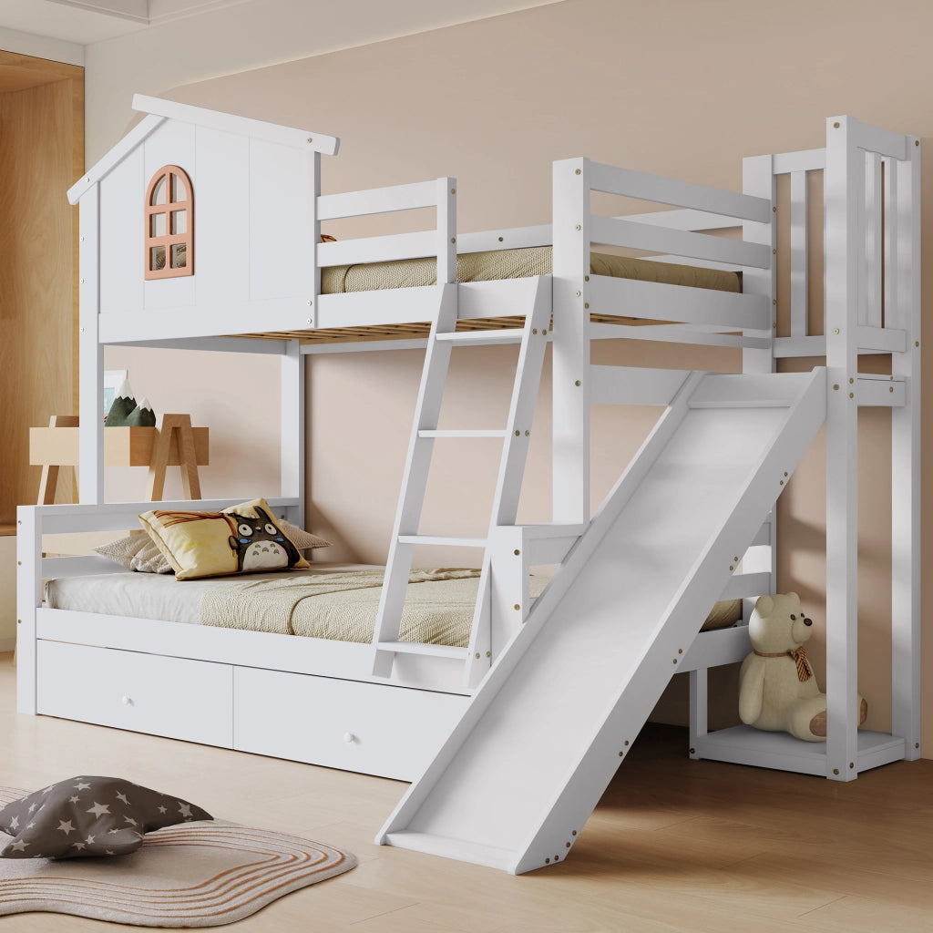 Letto a castello con scivolo, scala e cassetti, bianco