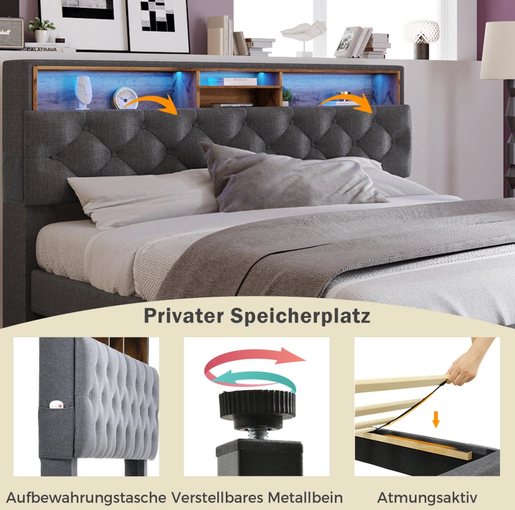 Letto matrimoniale imbottito con testiera contenitore e LED; 140x200 cm; grigio
