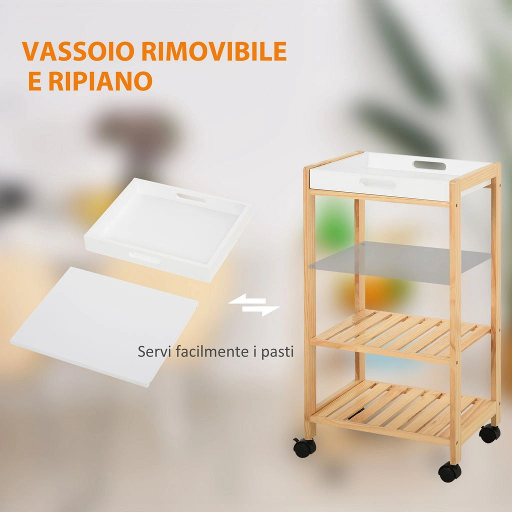 CARRELLO DA CUCINA A 4 LIVELLI LEGNO DI PINO 40X30X76 CM BIANCO E MARRONE