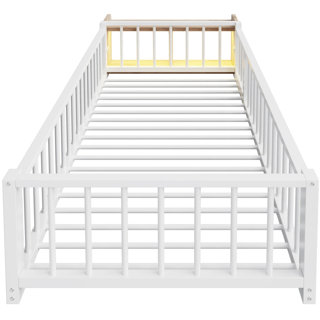 Letto 90x200 cm con sponda; vano portaoggetti e LED in MDF e metallo bianco