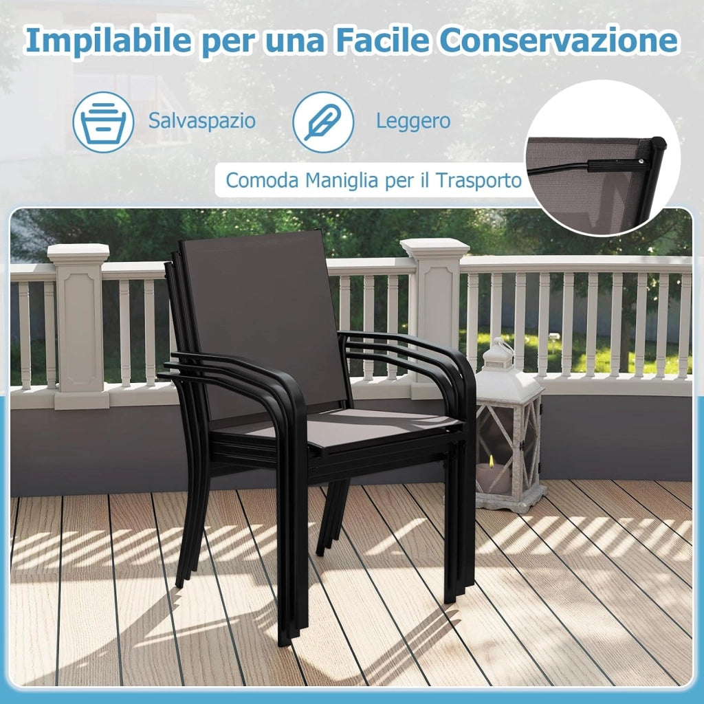 Set di 2/4 Sedie da Pranzo per Esterni, Sedia da Giardino Impilabili con Tessuto Traspirante, Braccioli, Schienale Alto e Telaio in Metallo, Portata 150 kg (Grigio,4)