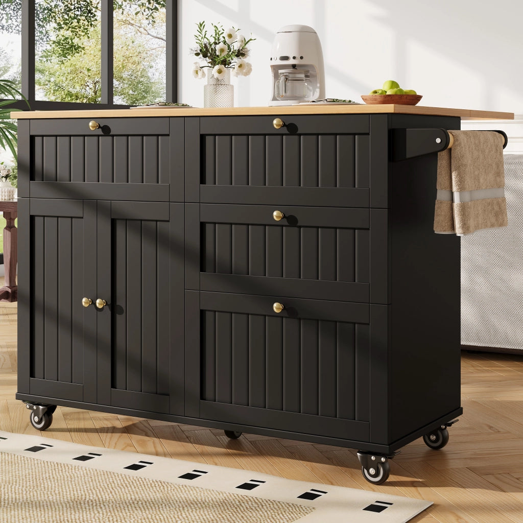 Isola da cucina nera 133 cm pieghevole in MDF con ruote e anta a ribalta